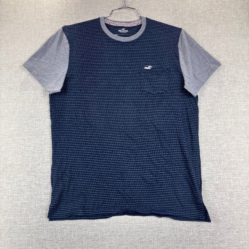 Hollister Y2K  Mens Blue Striped Pocket T-Shirt Gray Short Sleeve Large